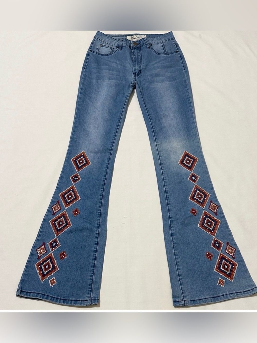 Sheryl Crow Women's Boho Hippie Blue Flared Jeans w/Embroidered Design - Size 8
